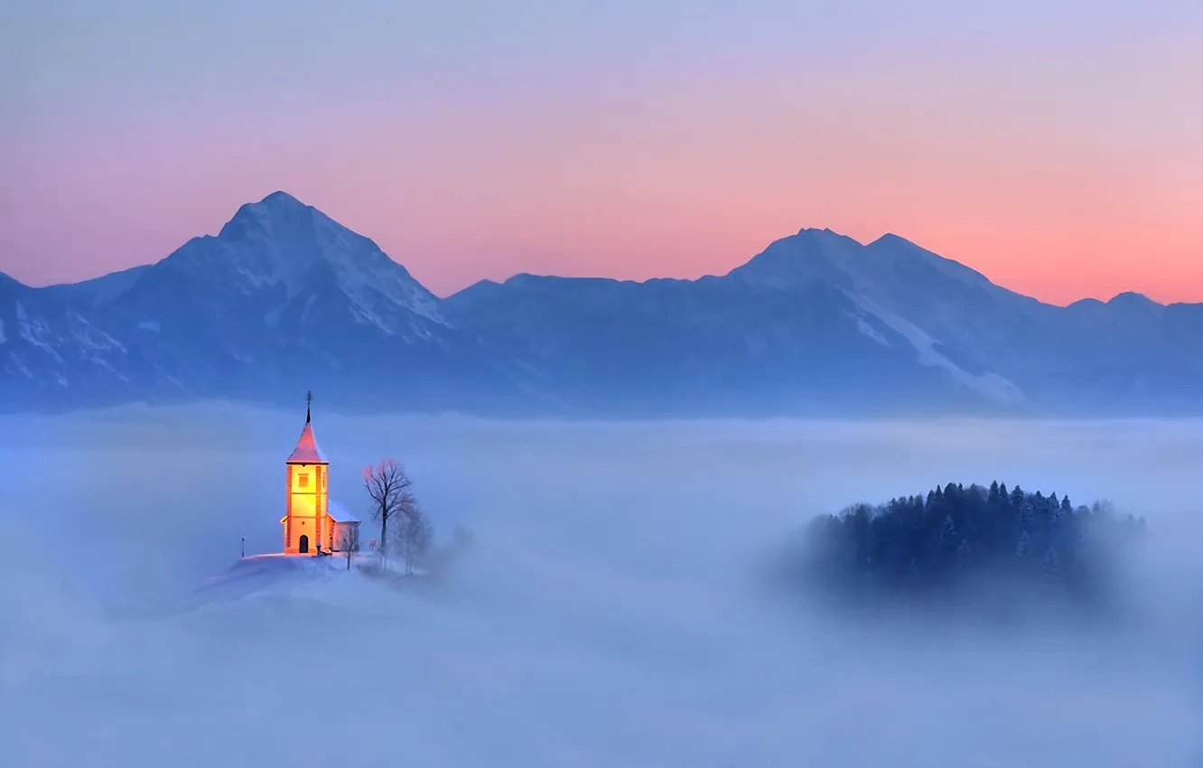 Photo wallpaper mountains, lights, fog, Church