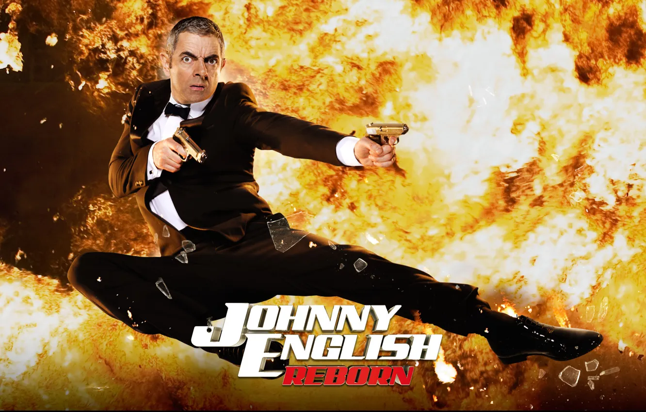 Photo wallpaper gun, flame, jump, Rowan Atkinson, tuxedo, Rowan Atkinson, johnny English reloaded, Johnny English Reborn