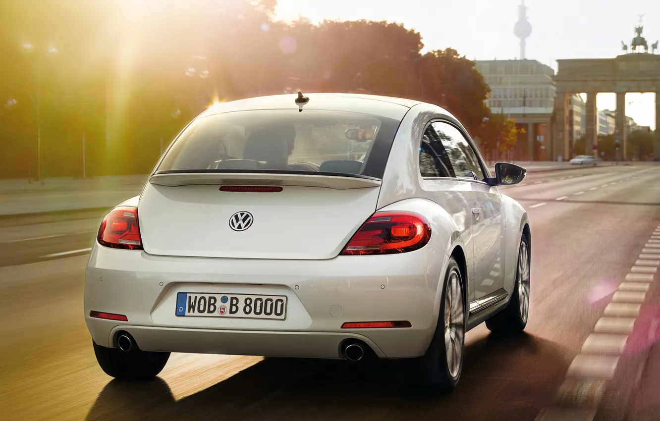 Photo wallpaper road, white, the sun, the city, beetle, Volkswagen, 2011, Volkswagen