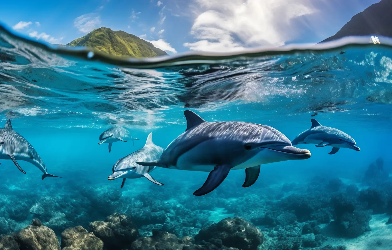 Photo wallpaper water, dolphins, underwater world, digital art, AI art, The Art of Artificial Intelligence, neural network