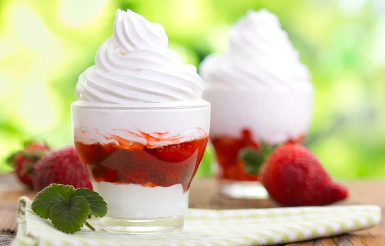 Photo wallpaper berries, food, cream, strawberry, mint, cream, dessert, sweet