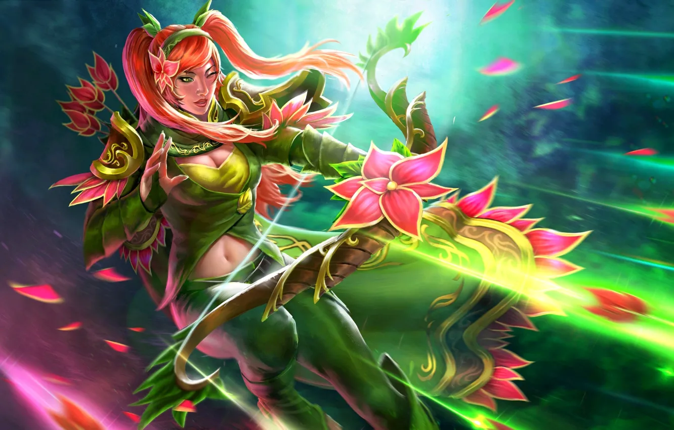 Photo wallpaper girl, flowers, Archer, art, ponytail, dota 2, windrunner, windranger