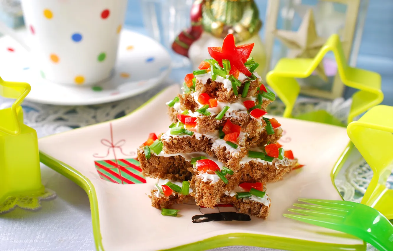 Photo wallpaper design, tree, new year, food, plate, sandwiches