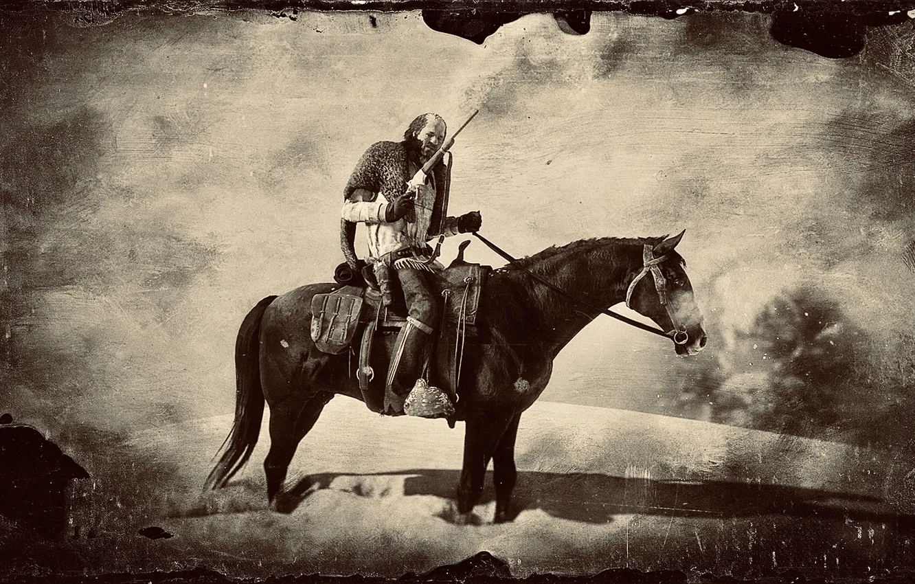 Photo wallpaper HDR, gun, game, snow, man, horse, UHD, Red Dead Redemption 2
