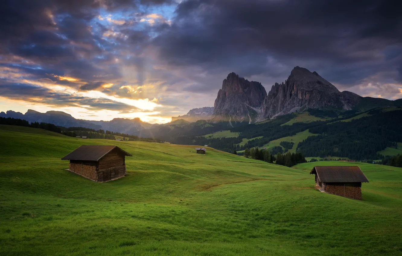 Photo wallpaper field, mountains, Alps, meadow, house