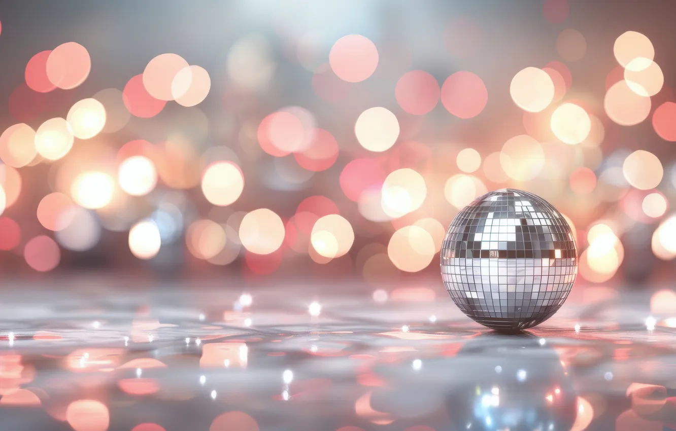 Photo wallpaper winter, balls, surface, light, lights, glare, reflection, holiday