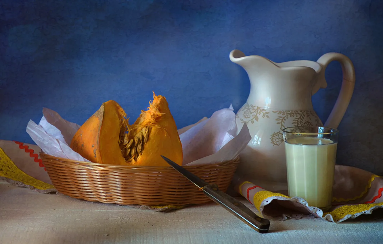Photo wallpaper glass, basket, milk, knife, dishes, pumpkin, still life, napkin
