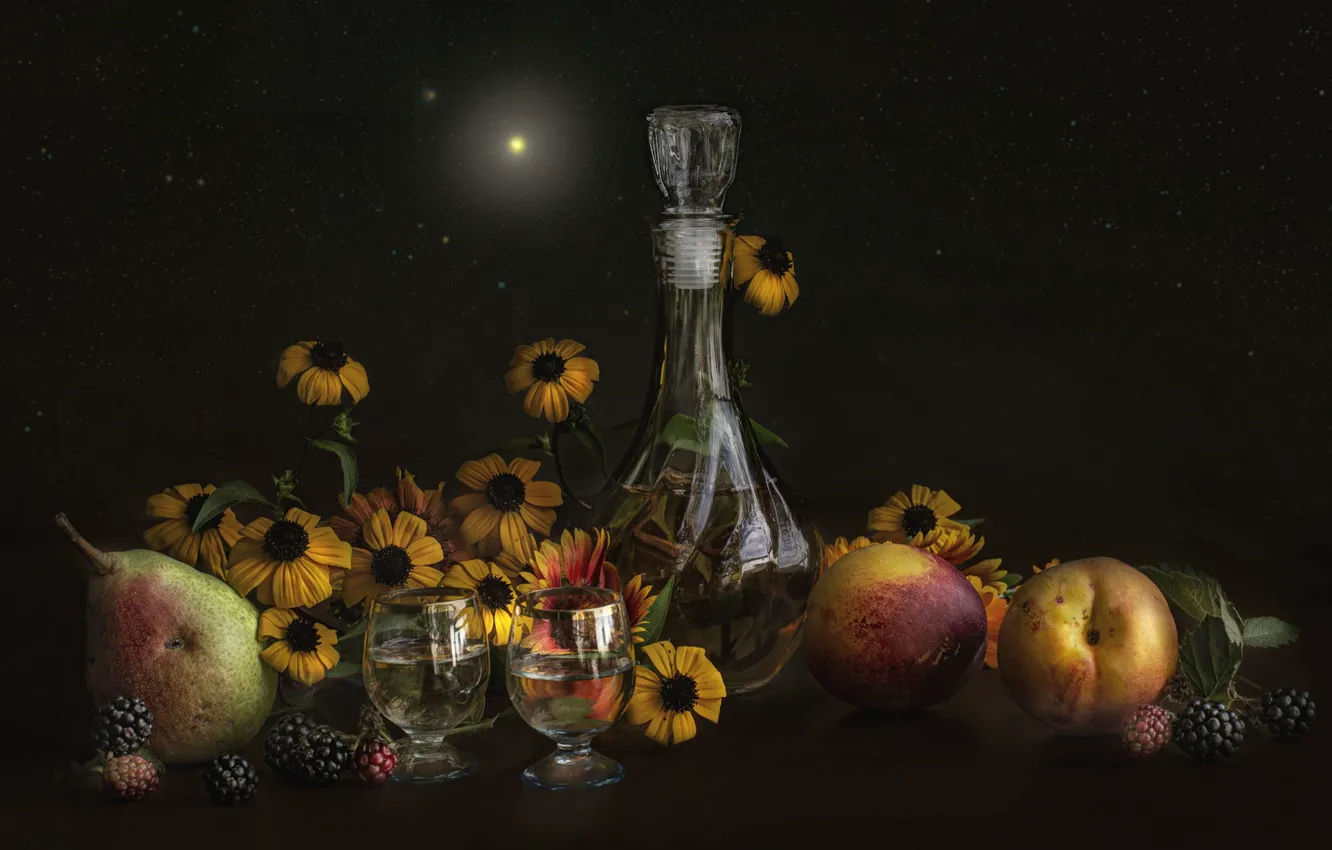 Photo wallpaper flowers, yellow, berries, the dark background, glass, bottle, bouquet, alcohol