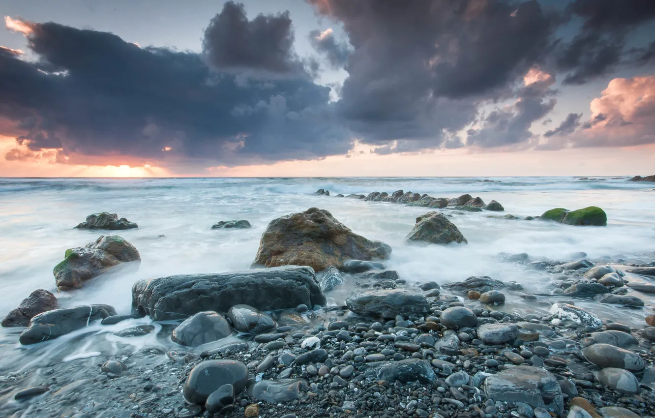 Photo wallpaper sea, the sky, clouds, landscape, sunset, clouds, stones, shore