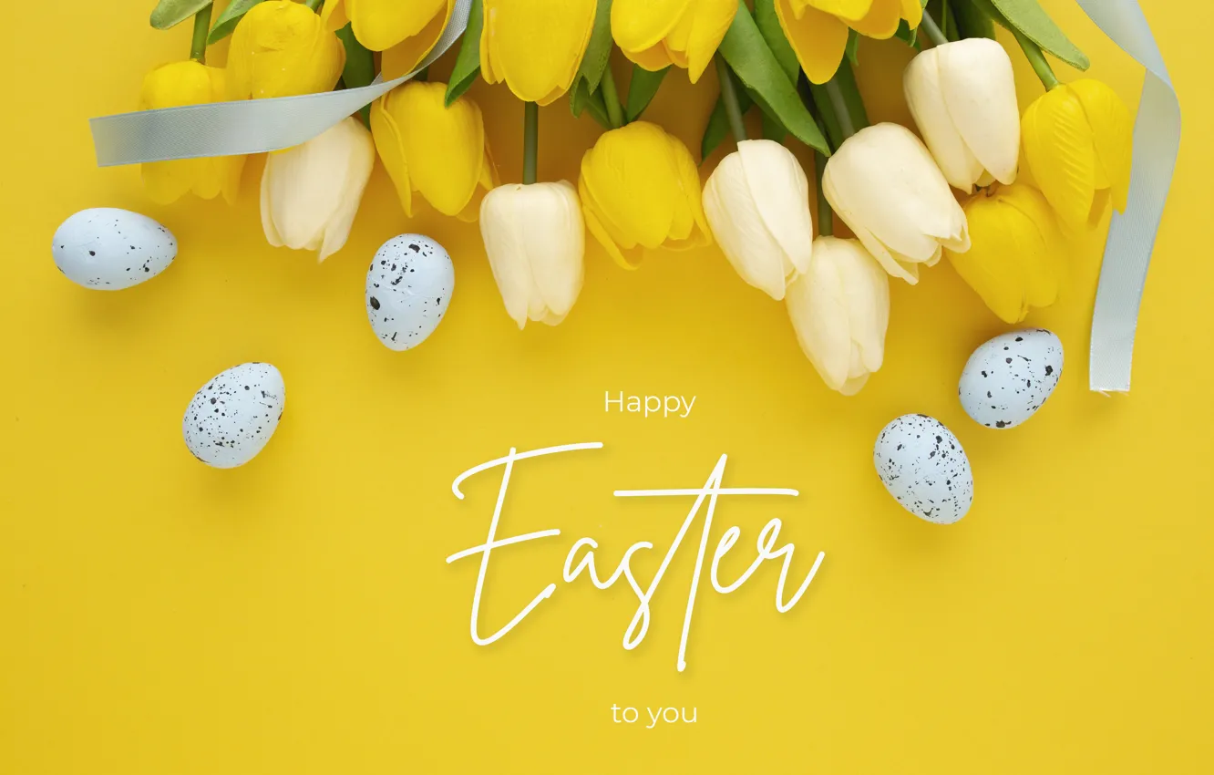 Photo wallpaper yellow, holiday, the inscription, eggs, bouquet, spring, Easter, tape
