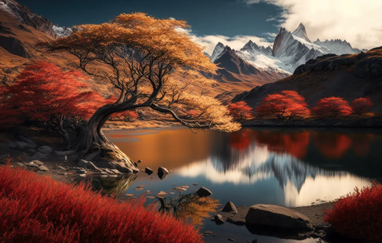 Photo wallpaper autumn, the sky, snow, trees, landscape, mountains, nature, lake