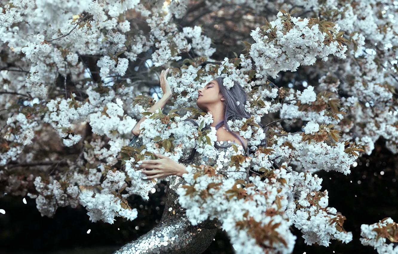 Photo wallpaper girl, spring, garden