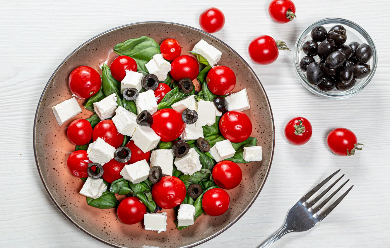 Photo wallpaper cheese, plate, plug, tomatoes, olives, salad