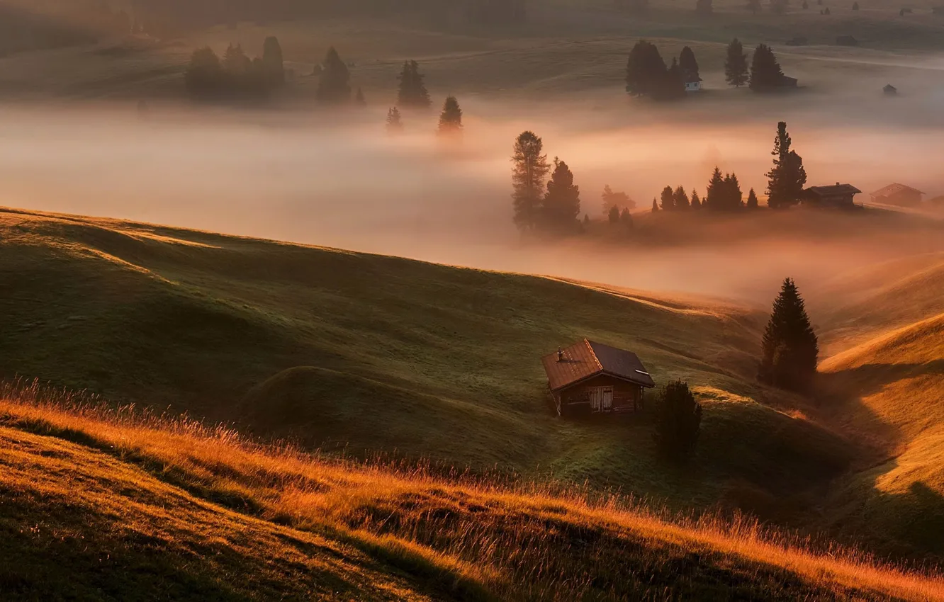 Photo wallpaper fog, morning, Alps, houses
