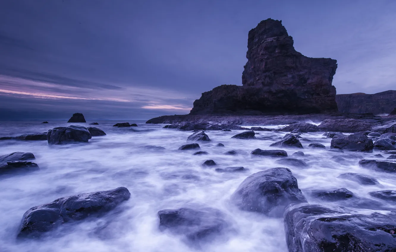 Photo wallpaper purple, the sky, landscape, stones, rocks, shore, the evening, Scotland
