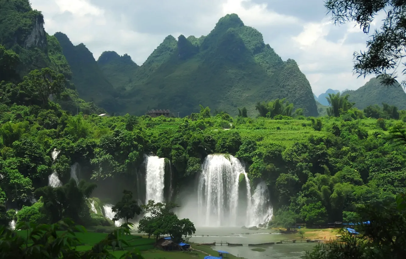 Photo wallpaper forest, mountains, waterfalls, settlement