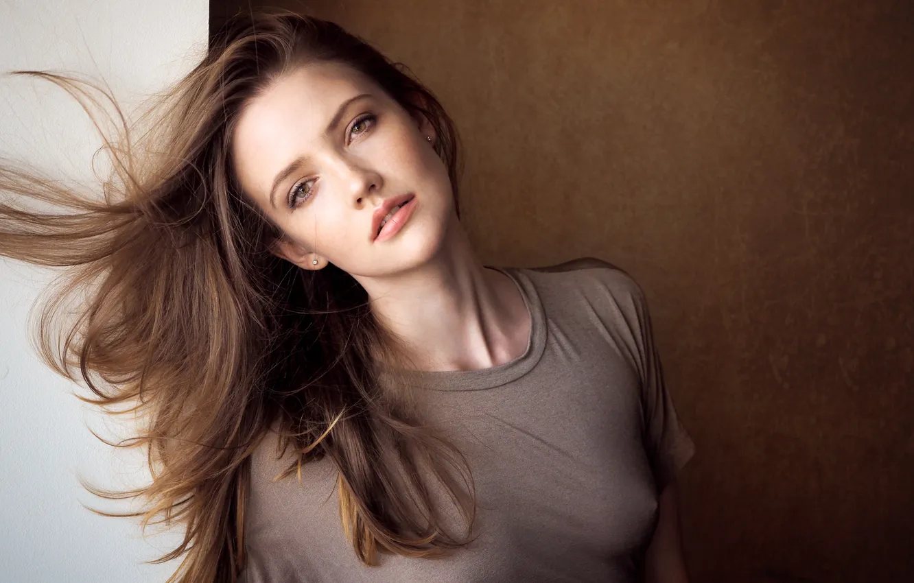 Photo wallpaper long hair, model, women, brunette, casual, looking at viewer, nipples through clothing, parted lips