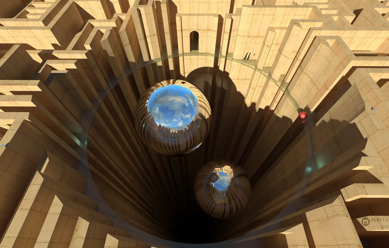Photo wallpaper balls, construction, maze, abyss, afternoon in labyrinth