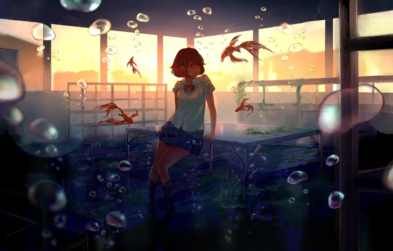 Photo wallpaper girl, fish, sunset, smile, bubbles, anime, art, form