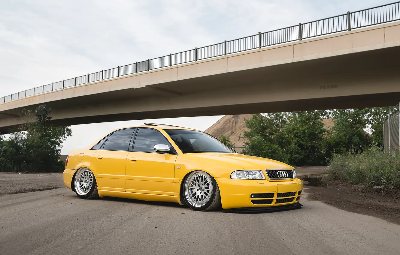 Photo wallpaper Audi, road, yellow, bridge, Audi S4