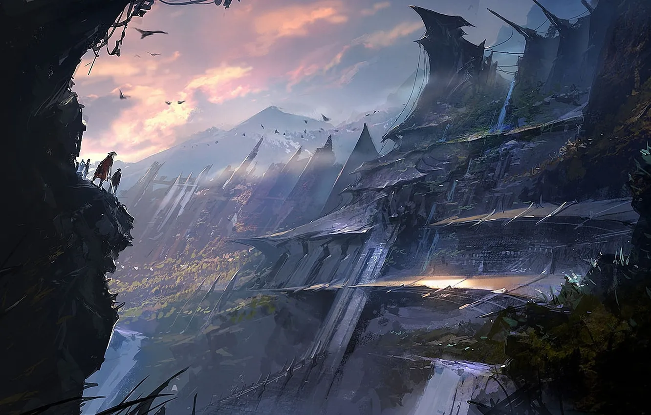 Photo wallpaper mountains, the city, rocks, people, art, fantasy world, park jong won