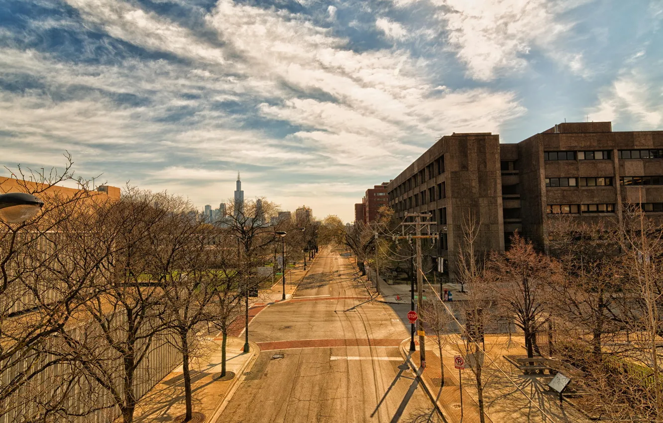 Photo wallpaper road, autumn, building, skyscrapers, Chicago, America, Il, Chicago