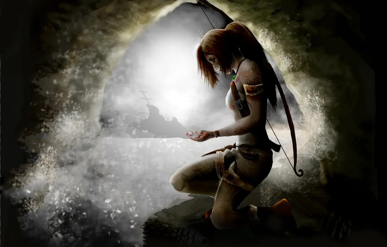 Photo wallpaper water, girl, squirt, art, Tomb Raider, cave, Lara Croft