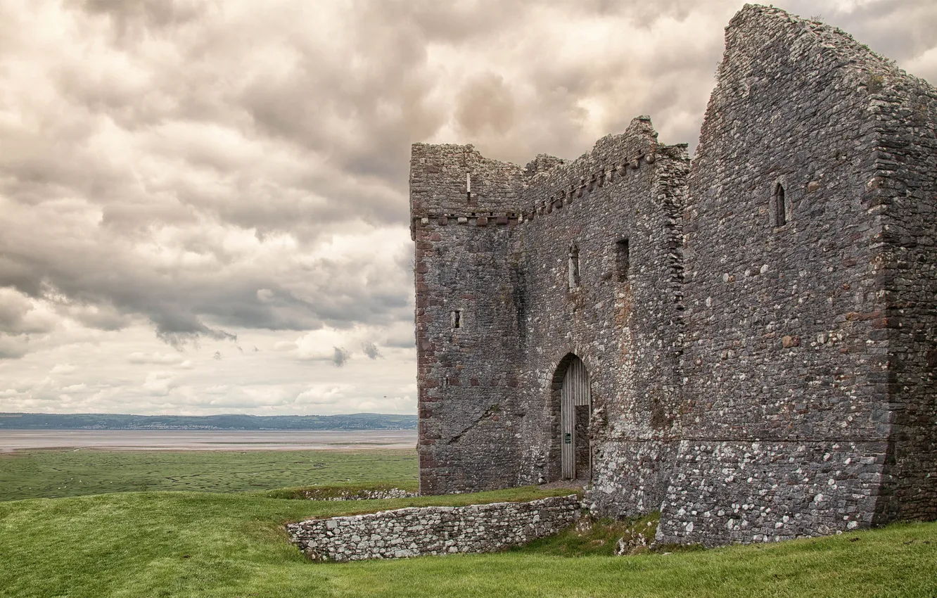 Photo wallpaper grass, clouds, castle, castle, Weobley