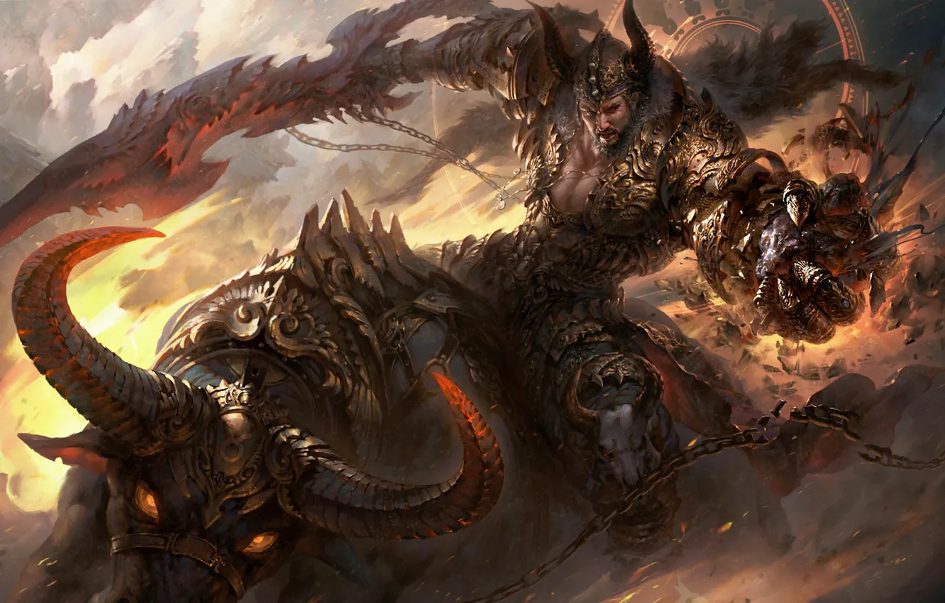 Photo wallpaper horns, rider, armor, bull