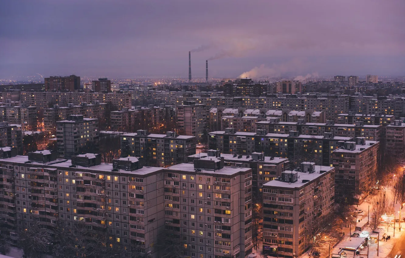 Photo wallpaper winter, the sky, snow, the city, building, home, architecture