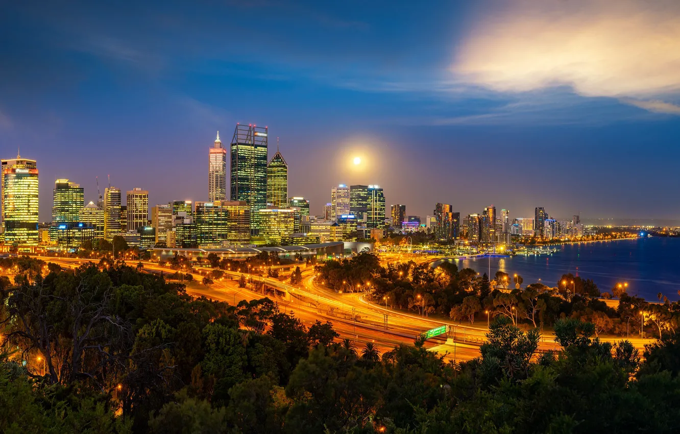 Photo wallpaper night, the city, lights, building, home, skyscrapers, the evening, Australia