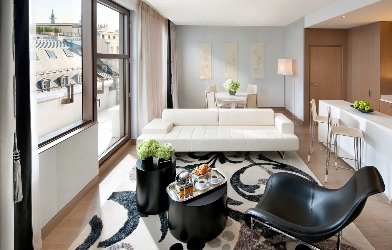 Photo wallpaper white, flowers, design, the city, style, room, sofa, black