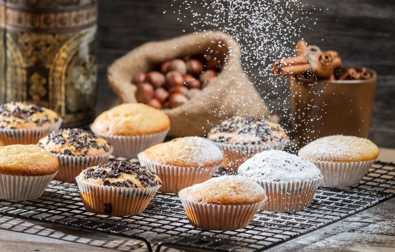 Photo wallpaper nuts, cupcakes, powdered sugar, muffins, Omcream