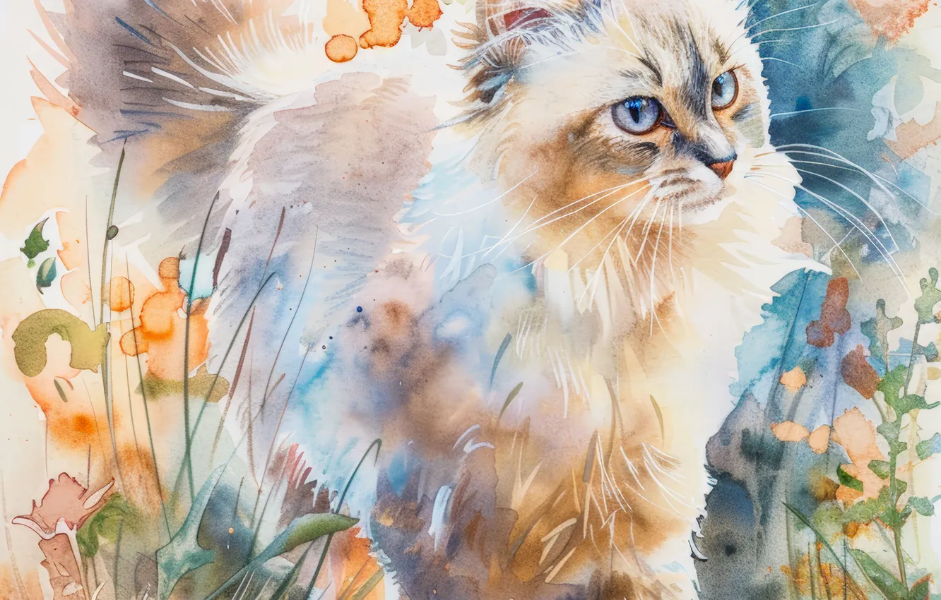 Photo wallpaper Flowers, Cat, White, Cat, Art, Digital art, AI art, The Art of Artificial Intelligence