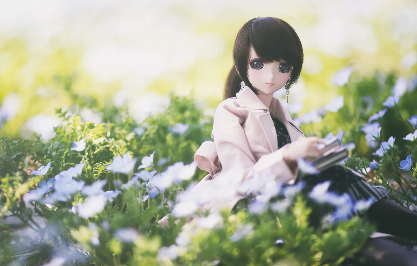 Photo wallpaper flowers, doll, brunette, meadow