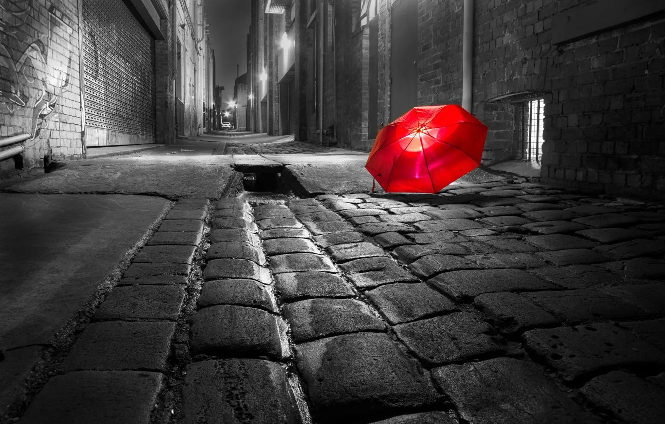 Photo wallpaper night, lights, street, home, umbrella, bridge