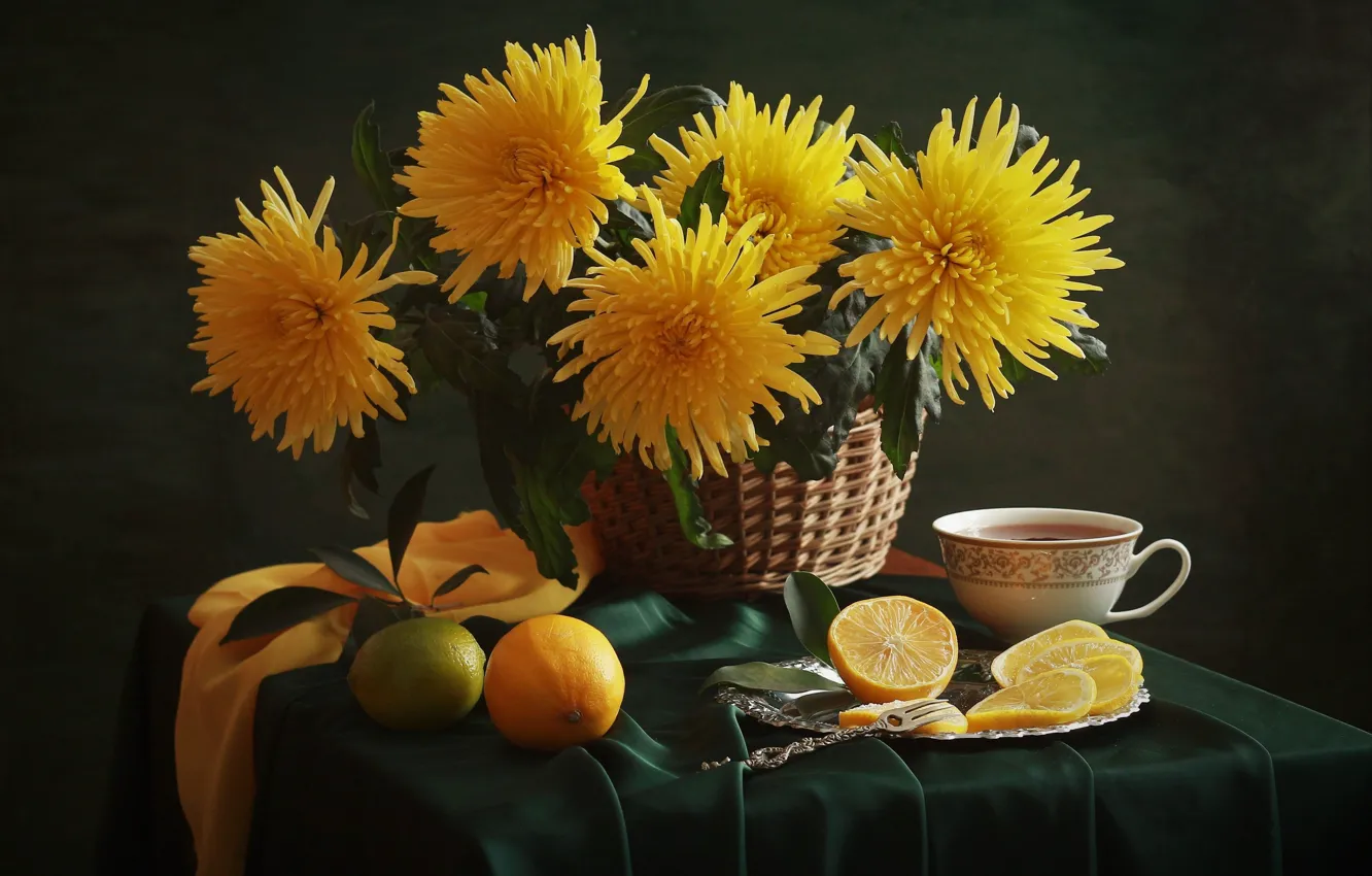 Photo wallpaper flowers, yellow, table, lemon, tea, bouquet, mug, Cup
