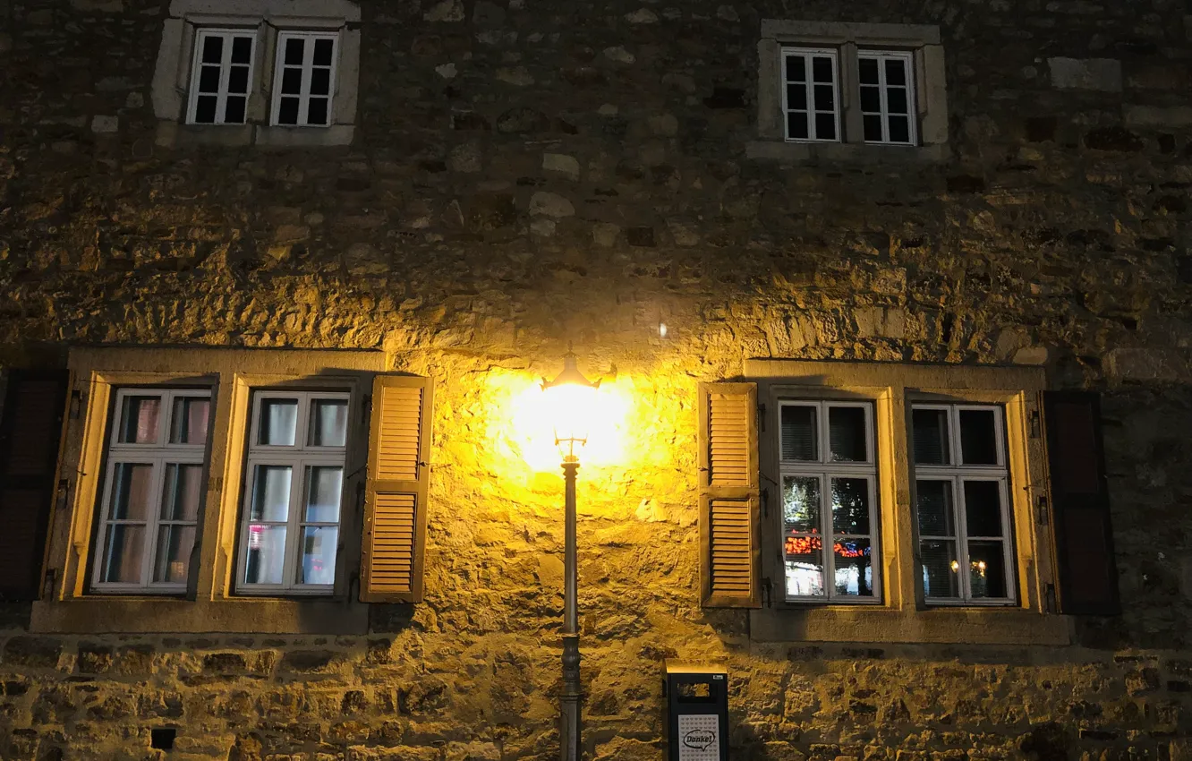 Photo wallpaper night, home, window, lights, lamppost, window, stone house