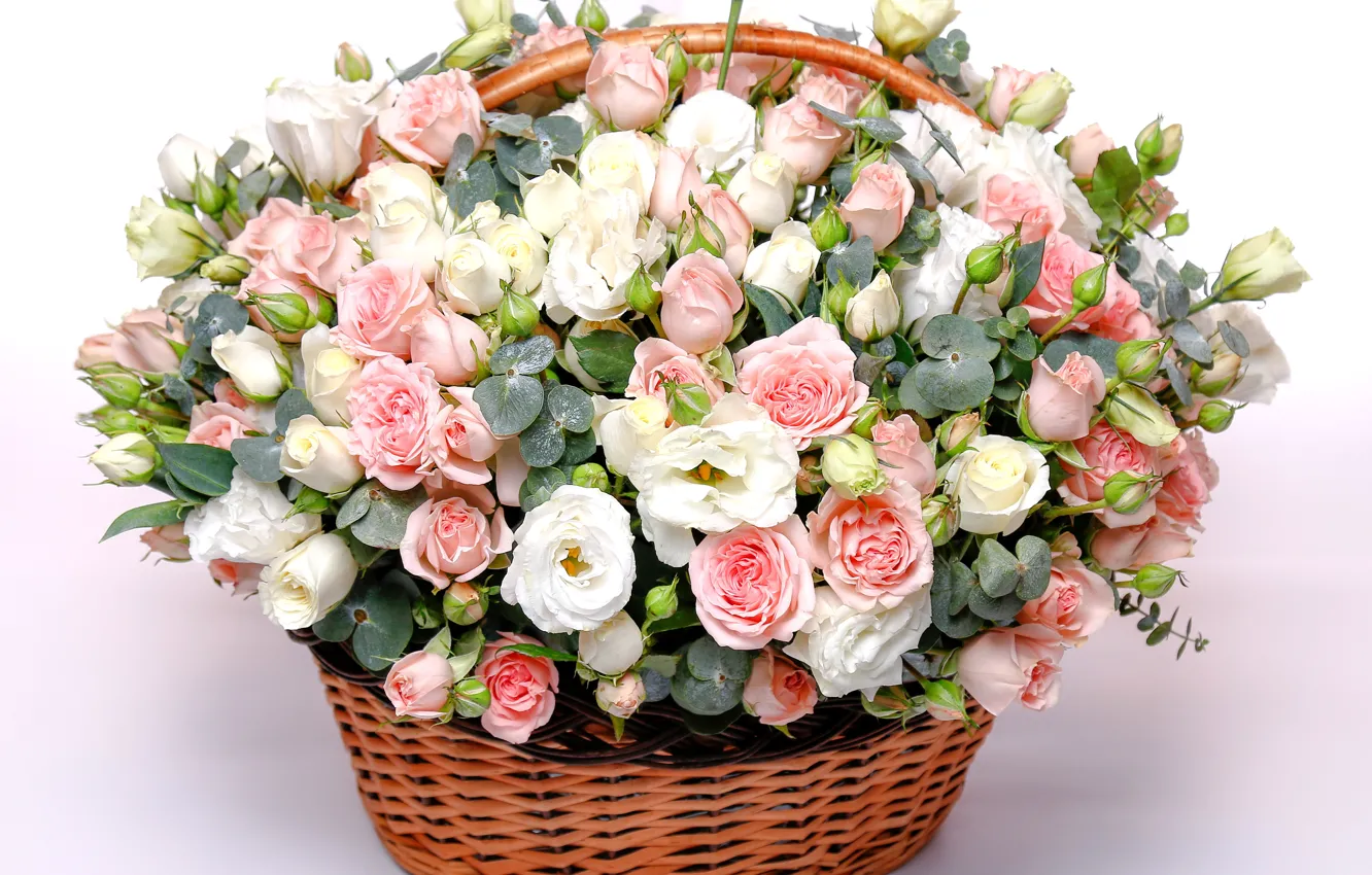 Photo wallpaper basket, roses, bouquet, gentle, rose, beautiful, chic, lovely