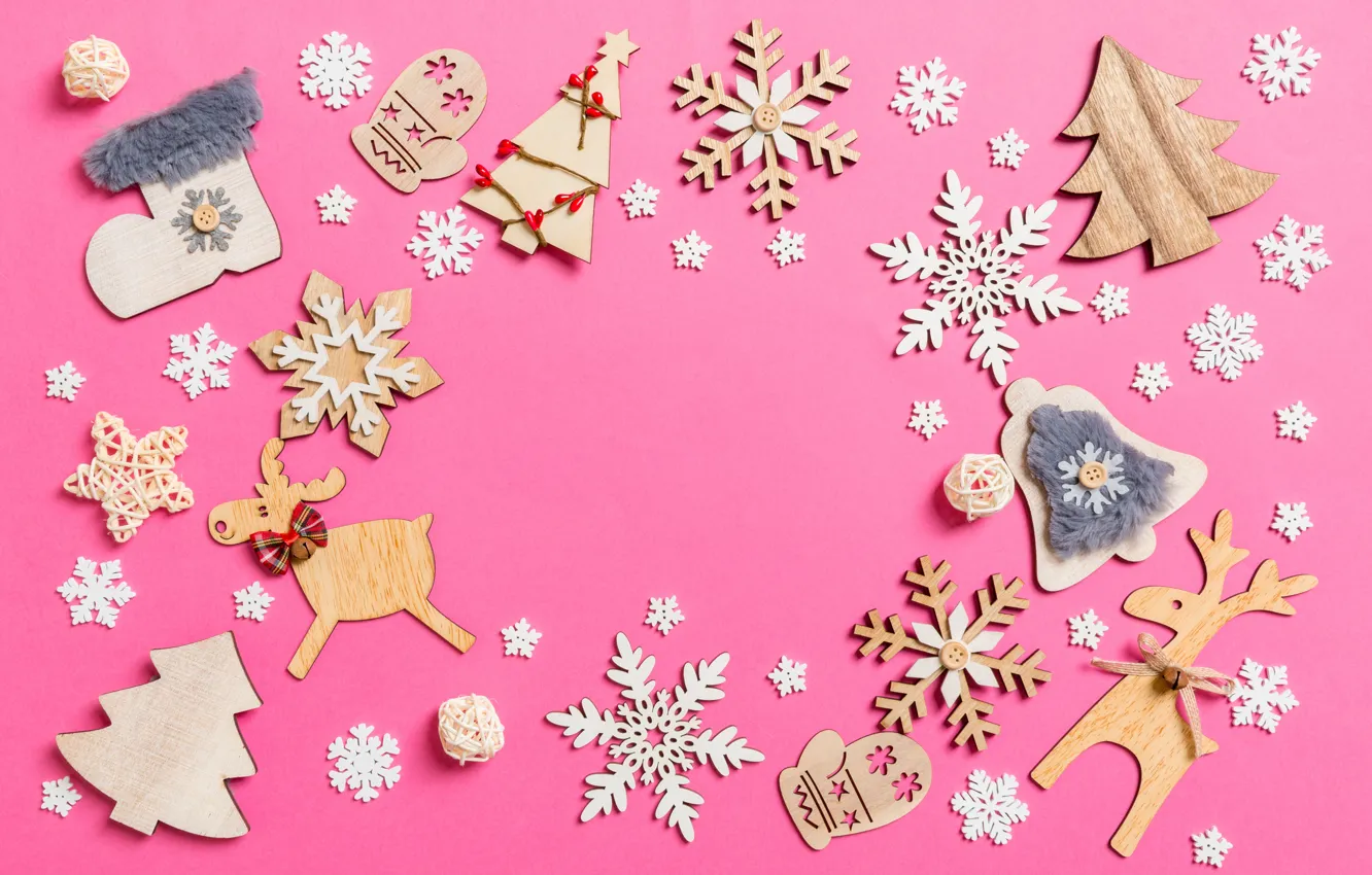 Photo wallpaper snowflakes, background, pink, toys, Christmas, figures, Sosiukin