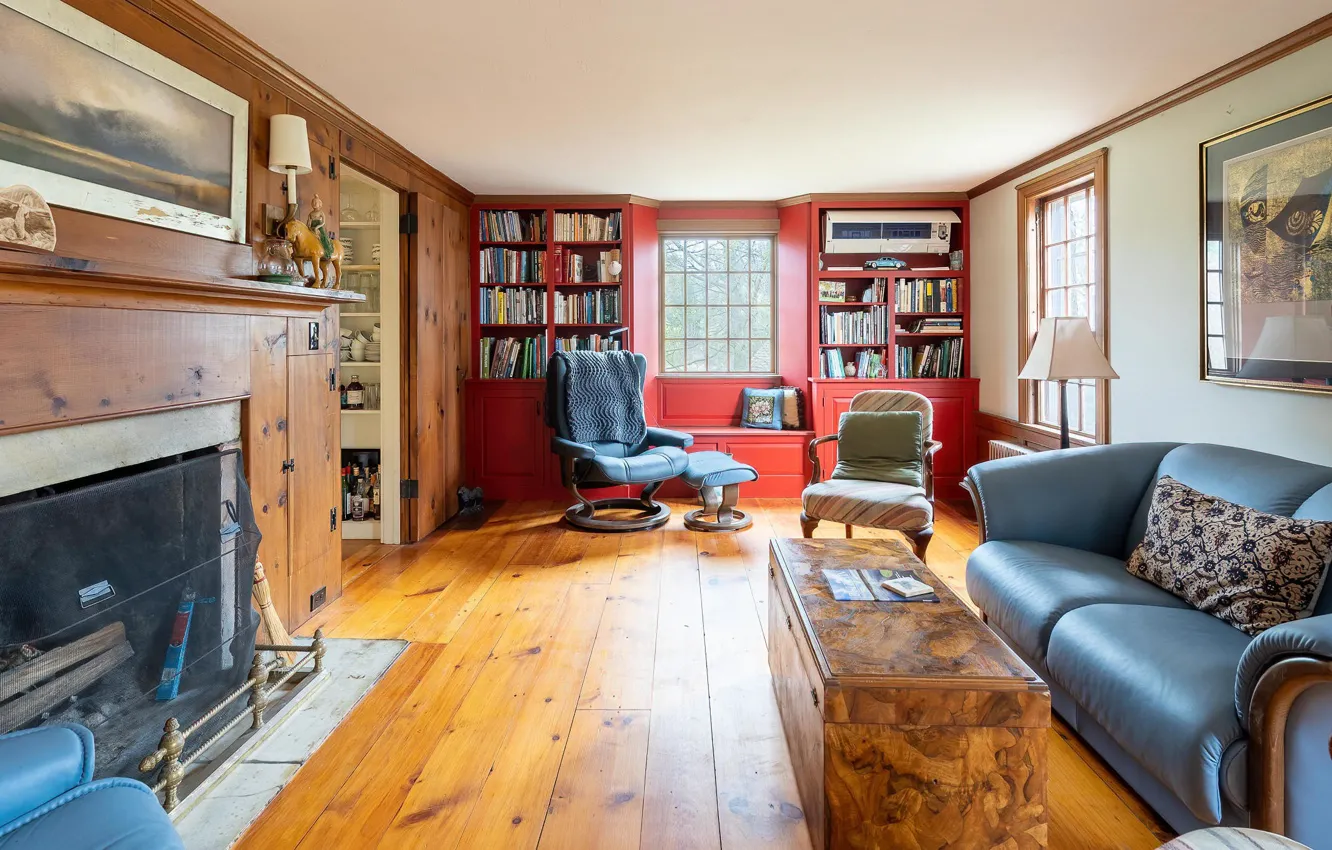 Photo wallpaper design, style, interior, fireplace, library, living room, Massachusetts, Sheffield