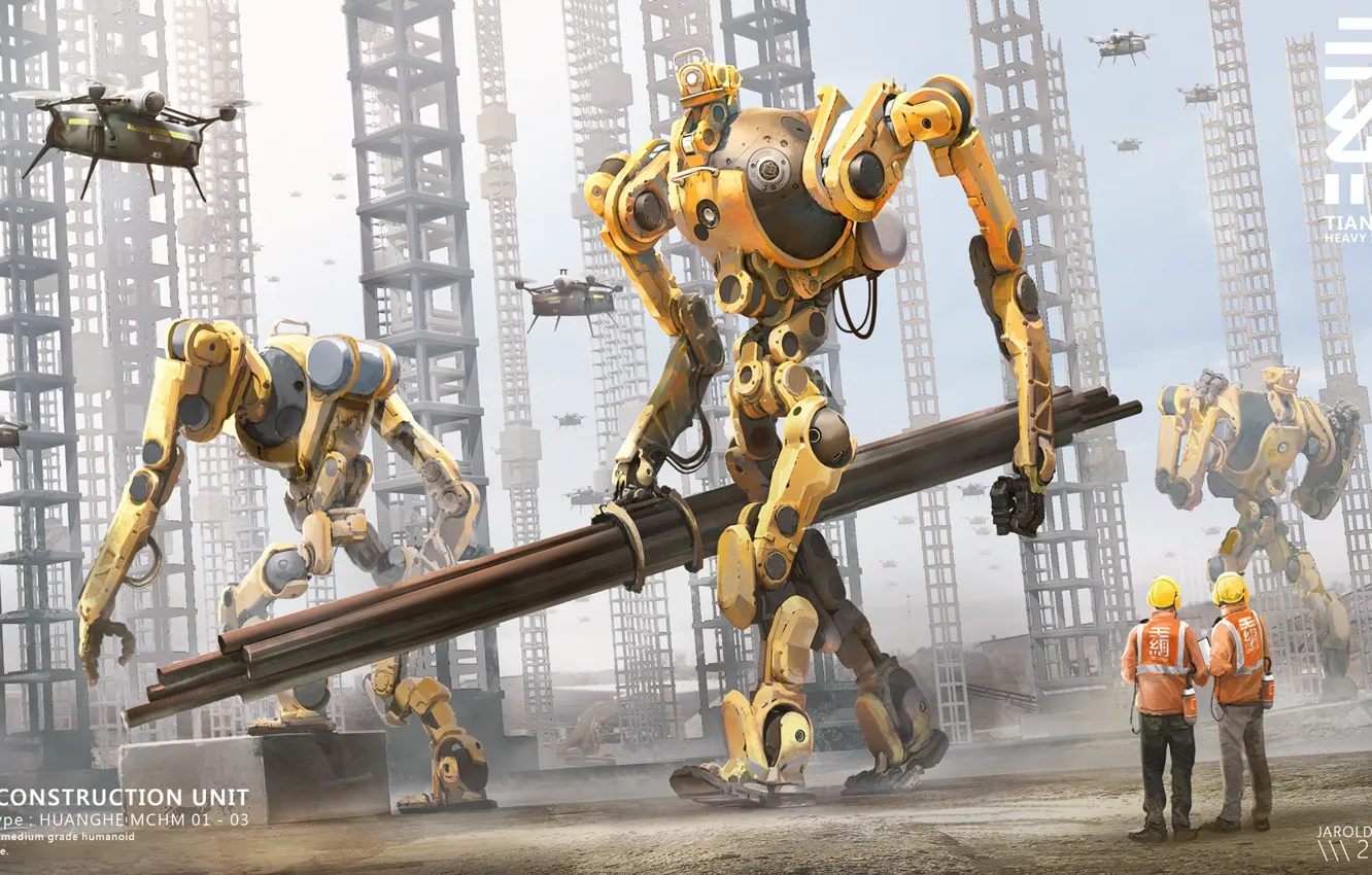 Photo wallpaper work, construction, robot, pipe, Construction yard, TIEN WANG