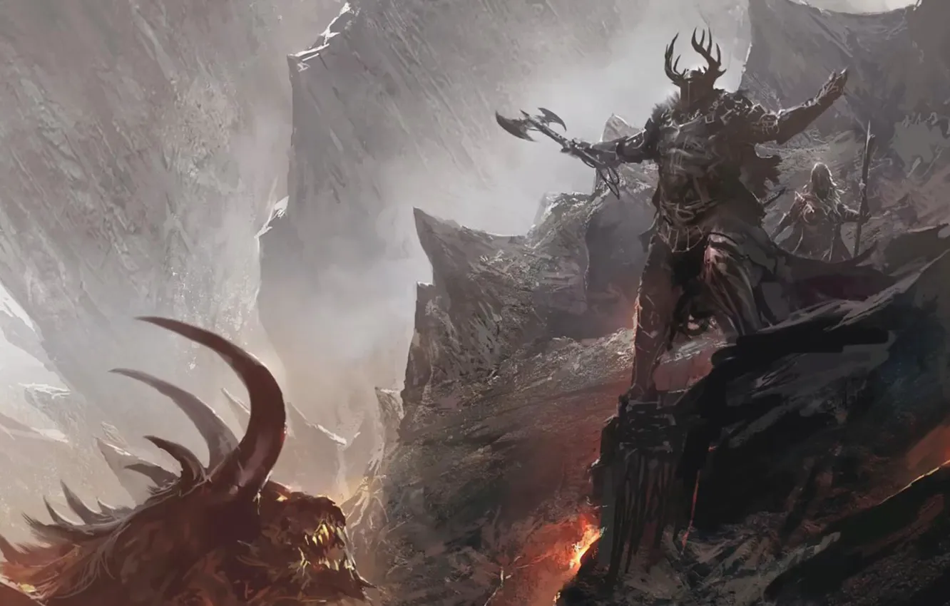 Photo wallpaper mountains, the demon, lava, helmet, axe, warriors, Horny