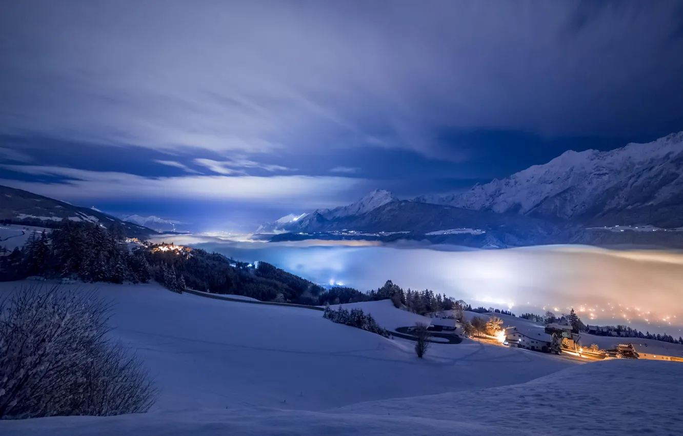 Photo wallpaper winter, snow, mountains, night, valley, haze