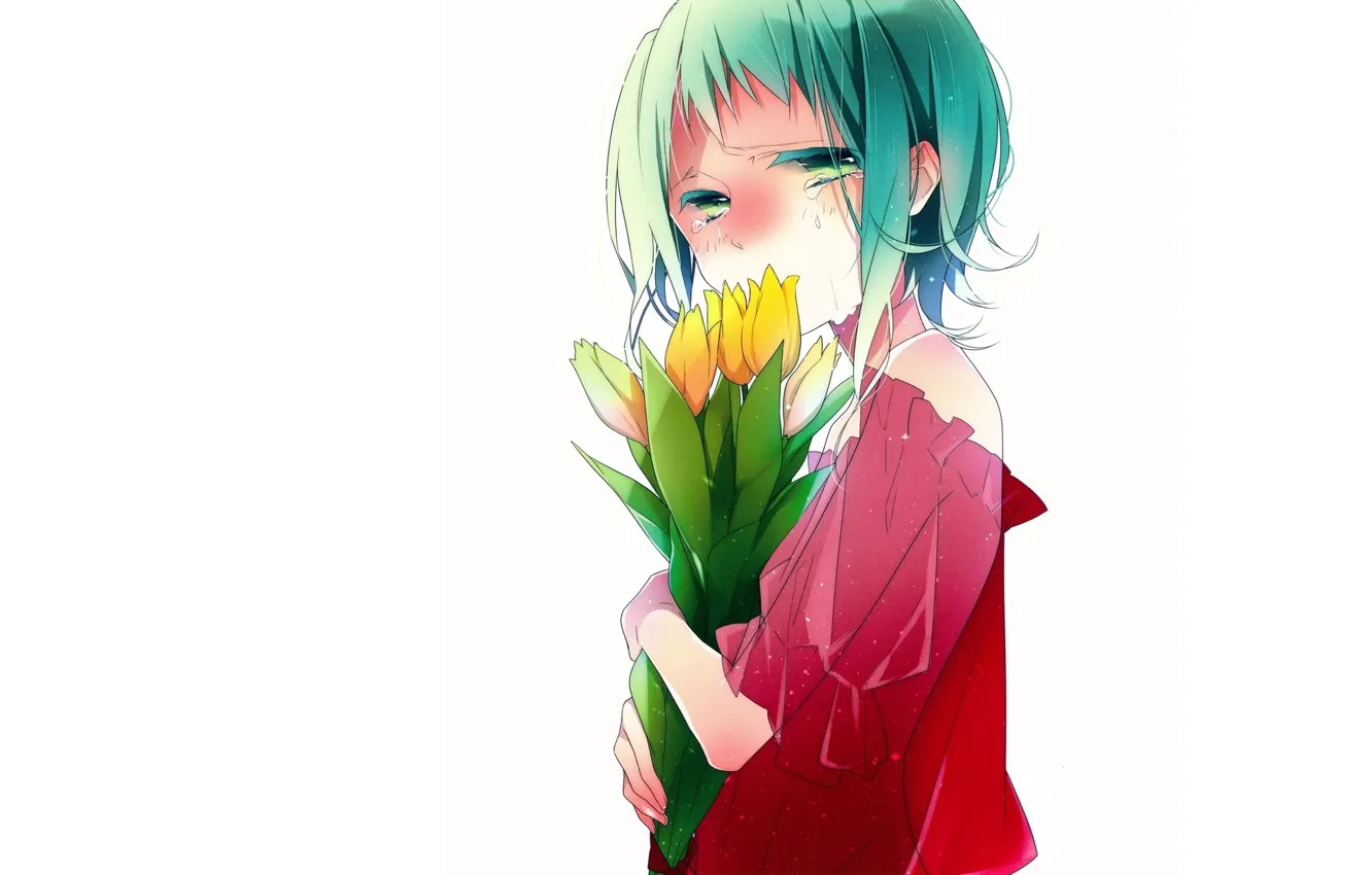 Photo wallpaper yellow, tears, tulips, white background, blouse, vocaloid, green hair, art