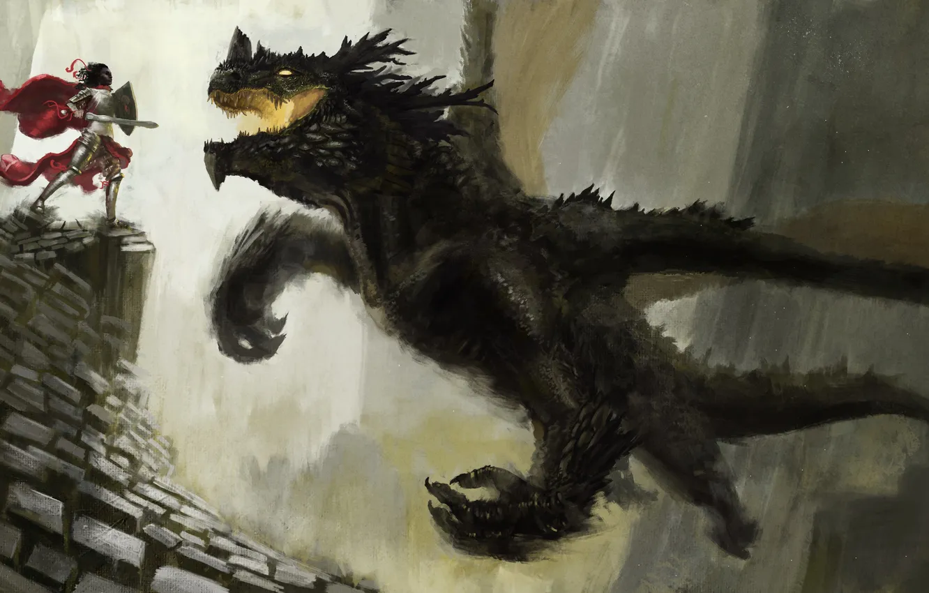 Photo wallpaper girl, dragon, sword, armor, fantasy, art, cloak