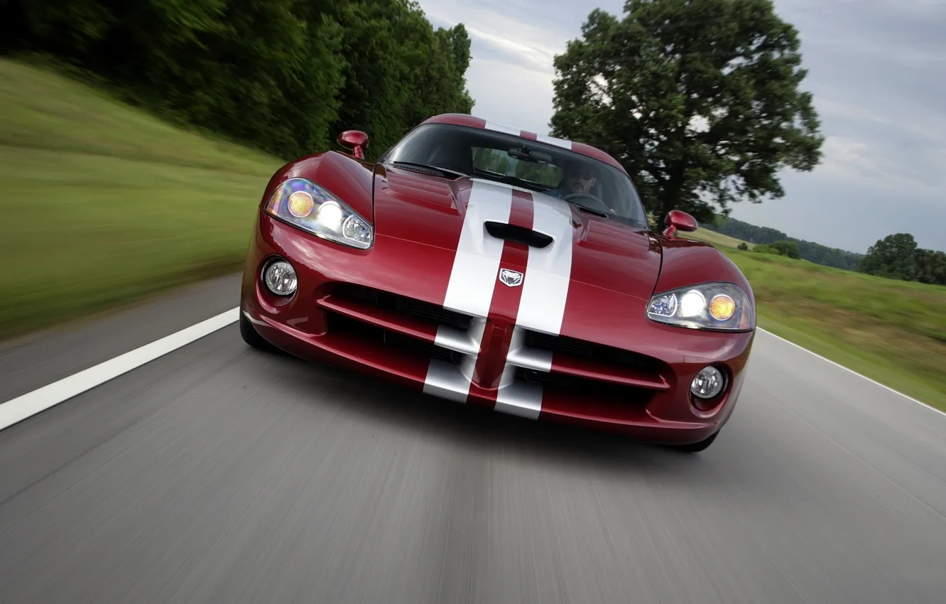Photo wallpaper red, strip, Dodge, sports car, Viper, Dodge, in motion, the front