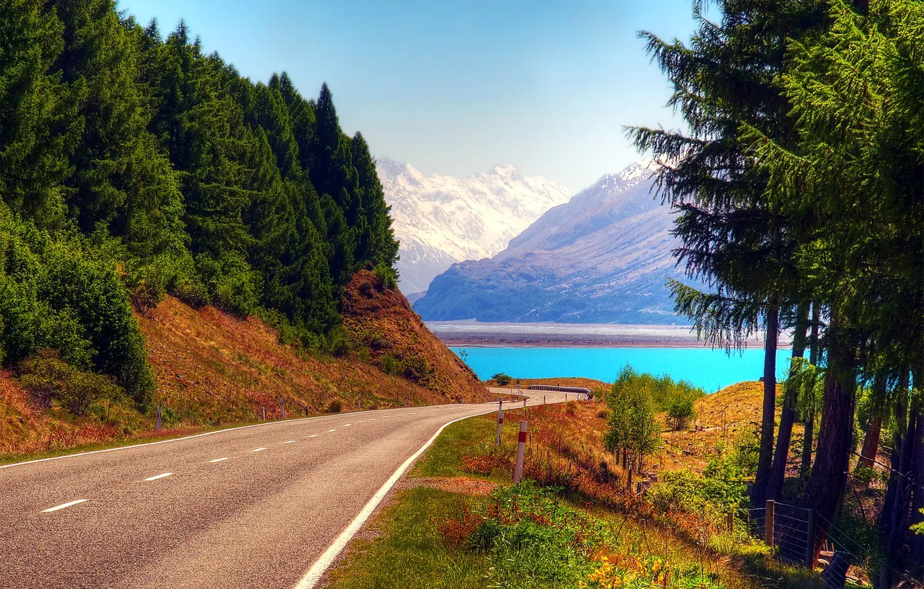 Photo wallpaper road, the sky, trees, mountains, lake
