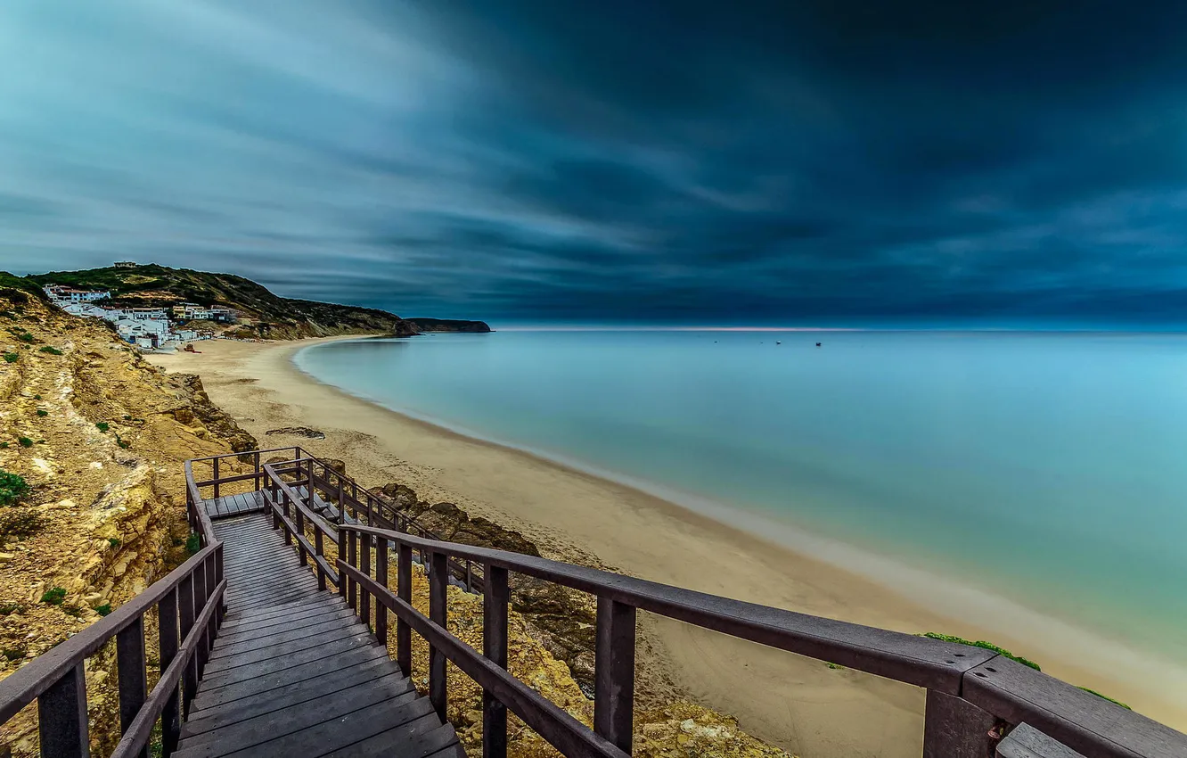 Photo wallpaper sea, the sky, clouds, shore, ladder