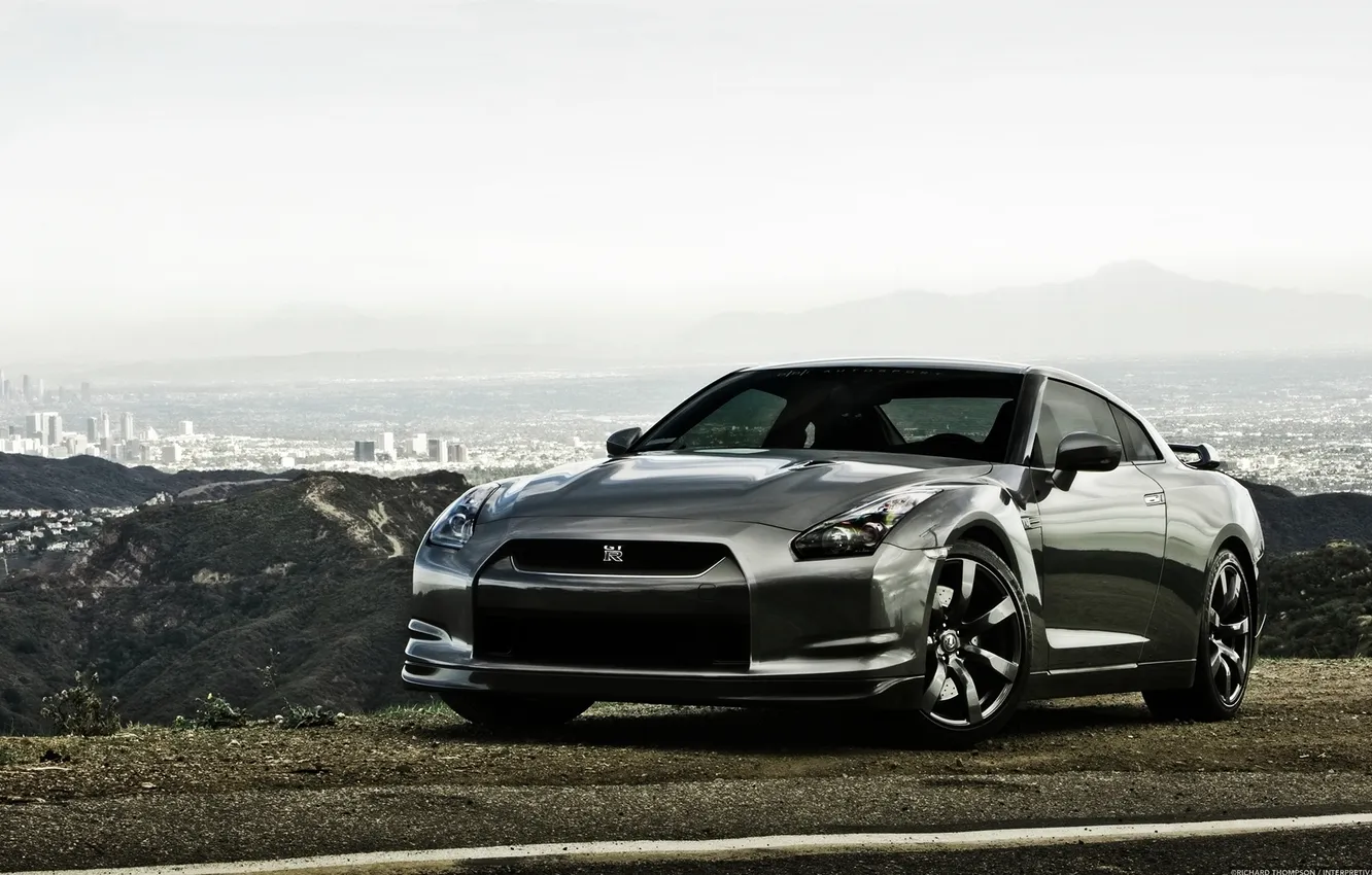 Photo wallpaper the sky, mountains, the city, grey, panorama, supercar, Nissan, GT-R